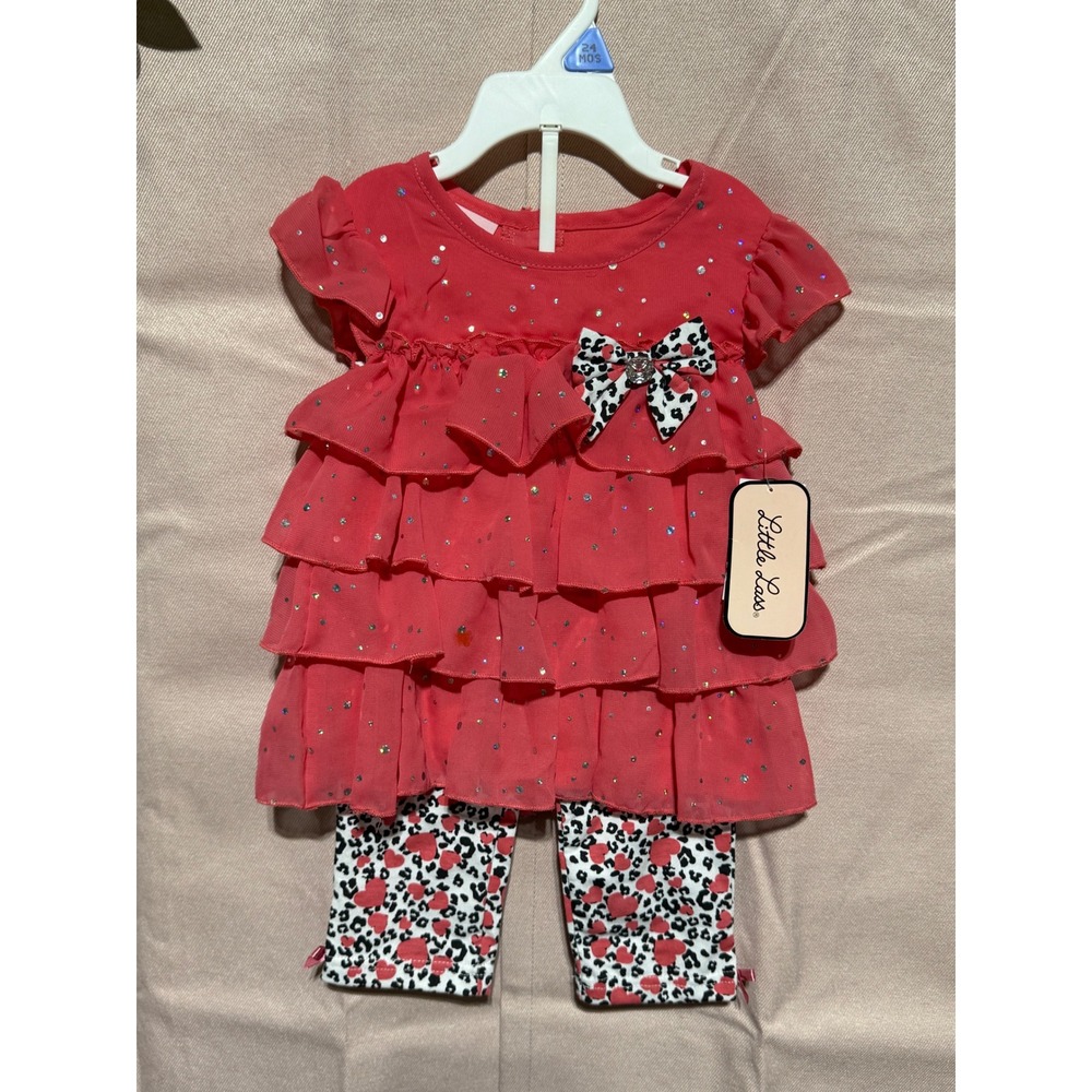 Little Lass Baby Girls 24M Coral Pink Ruffle Top and Heart Leopard Leggings Set